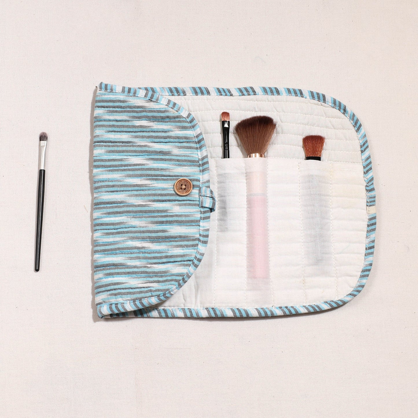 Ikat Fabric Multipurpose Segmented Make-up Brush Wrap Pouch/Case