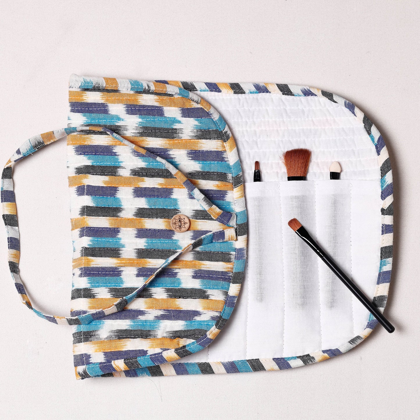 Ikat Fabric Multipurpose Segmented Make-up Brush Wrap Pouch/Case