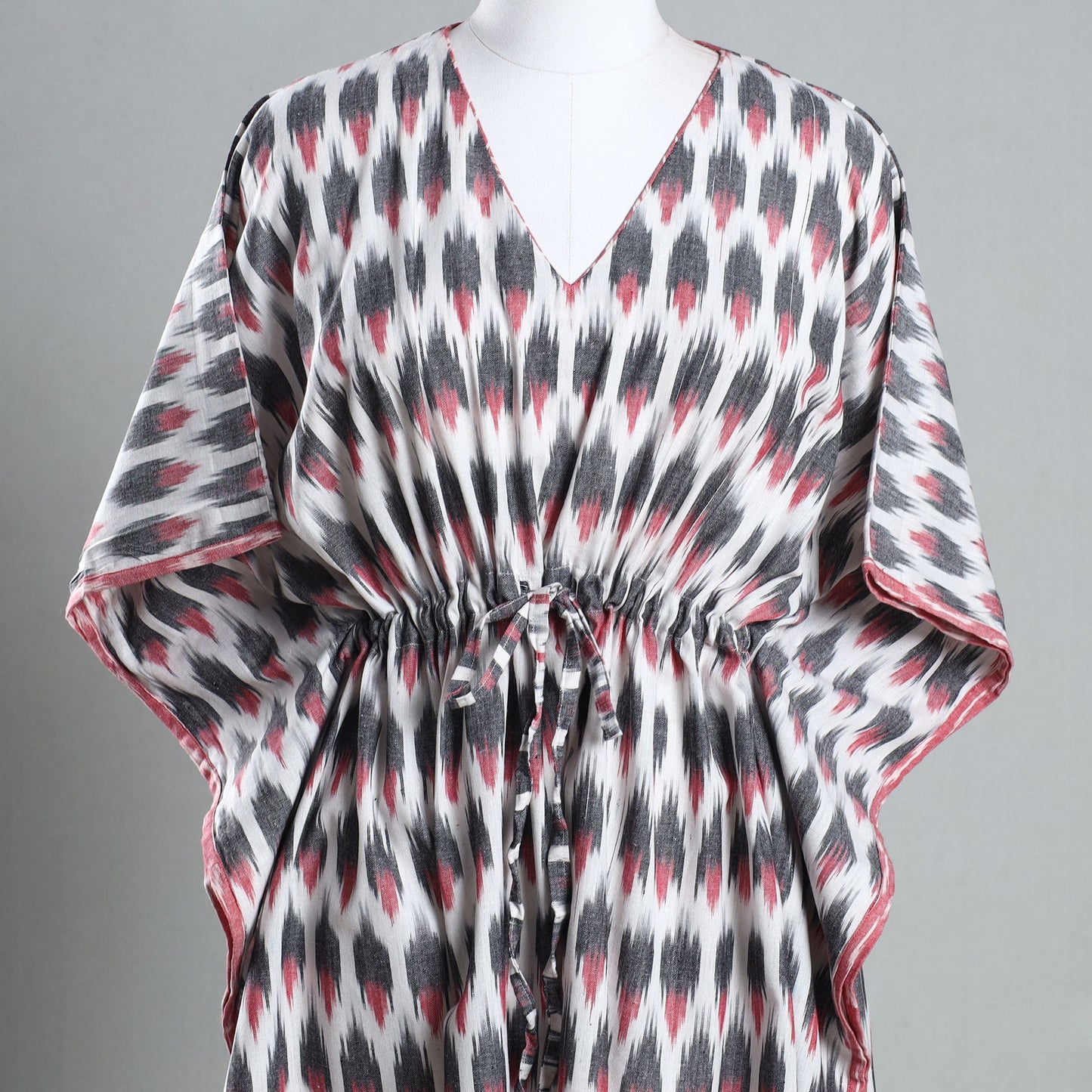 Multicolor - Ikat Weave Cotton Kaftan with Tie-Up Waist (Medium)