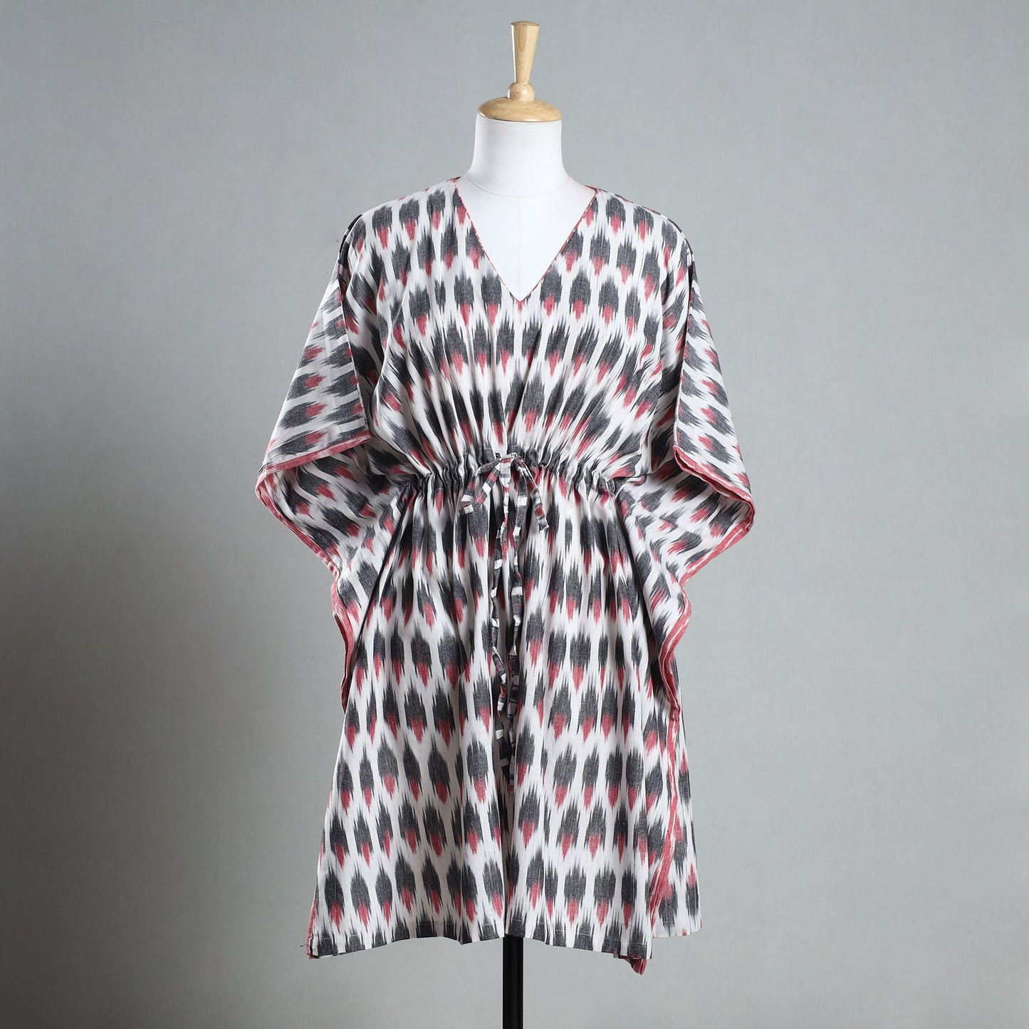 Multicolor - Ikat Weave Cotton Kaftan with Tie-Up Waist (Medium)