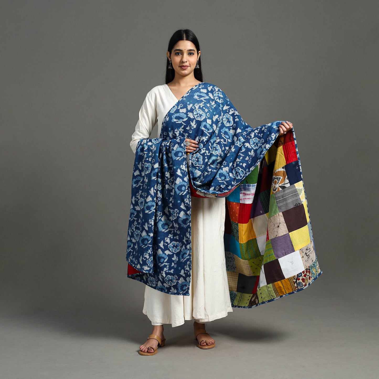 Multicolor Indigo Cotton Reversible Patchwork Dupatta