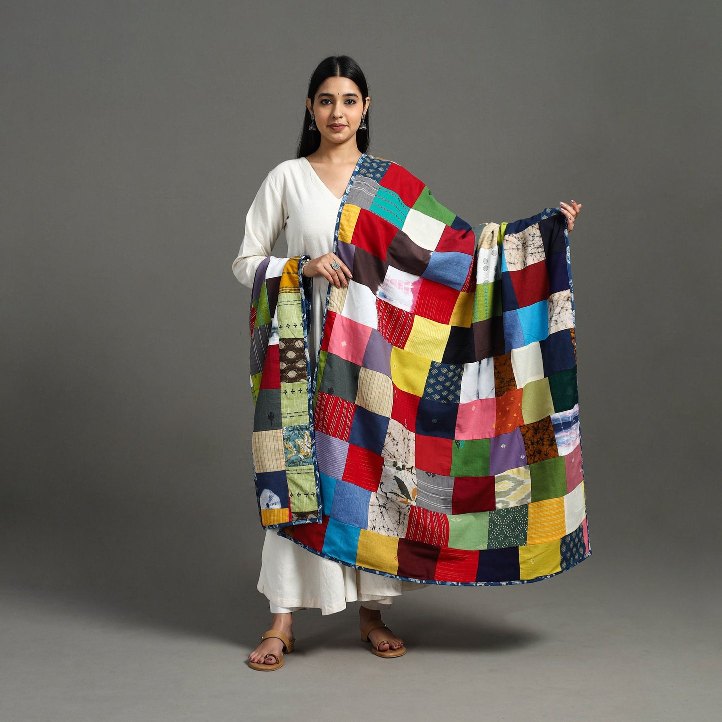 Multicolor Indigo Cotton Reversible Patchwork Dupatta