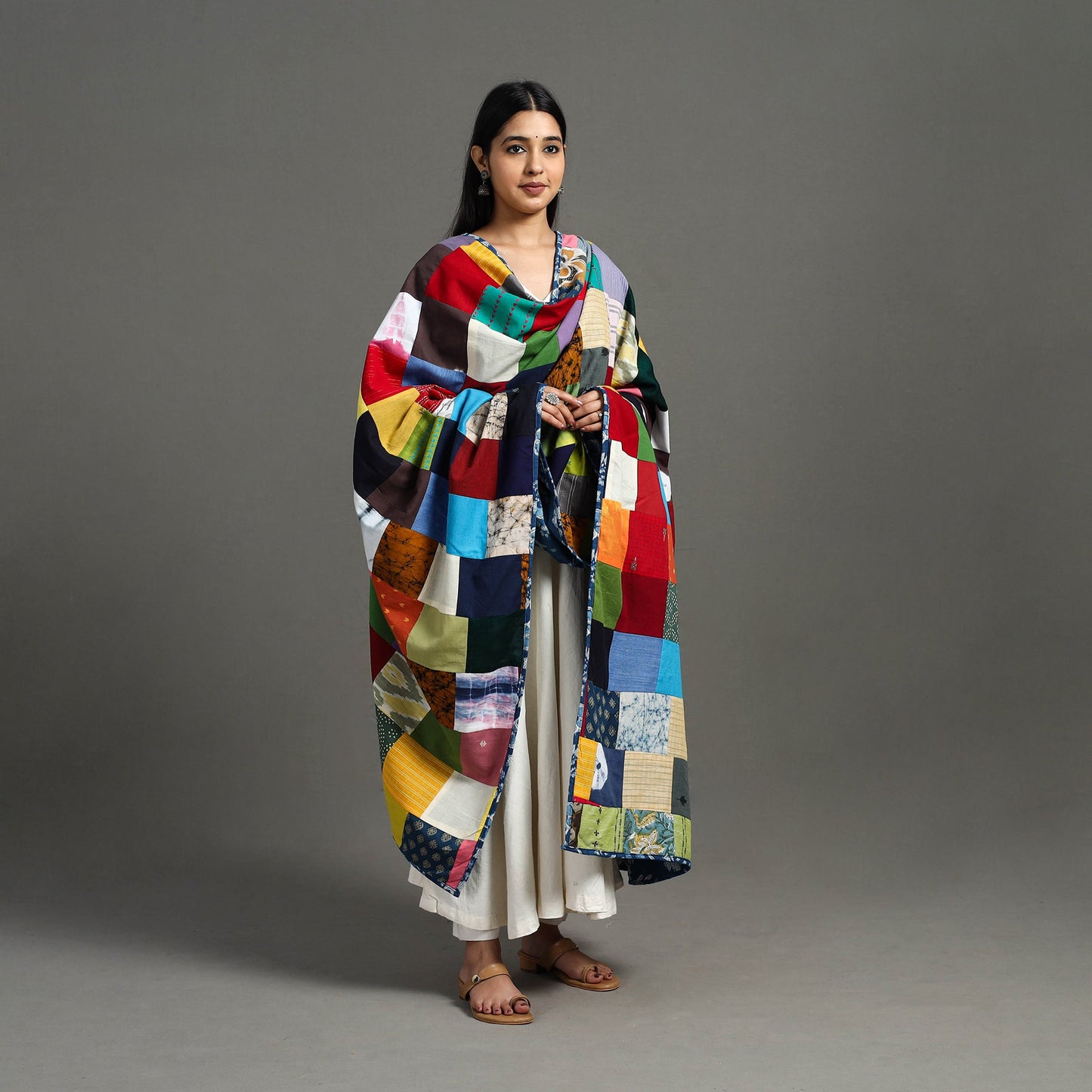 Multicolor Indigo Cotton Reversible Patchwork Dupatta