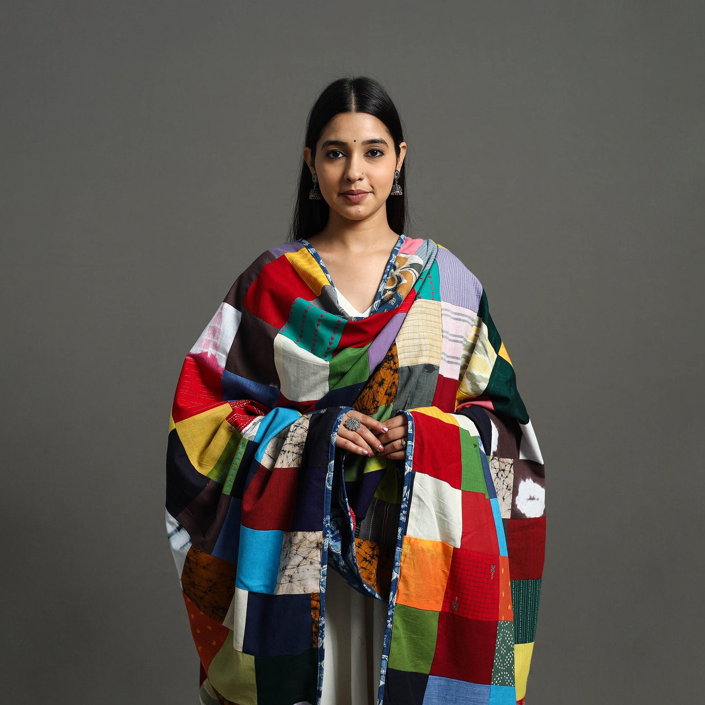 Multicolor Indigo Cotton Reversible Patchwork Dupatta