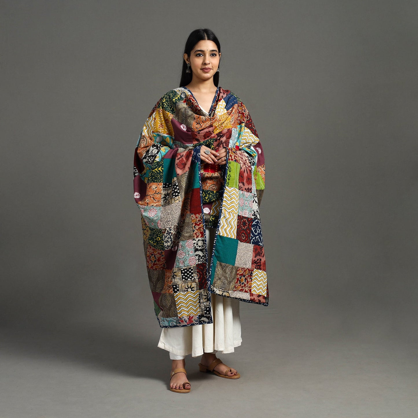 Multicolor - indigo cotton reversible patchwork dupatta 04