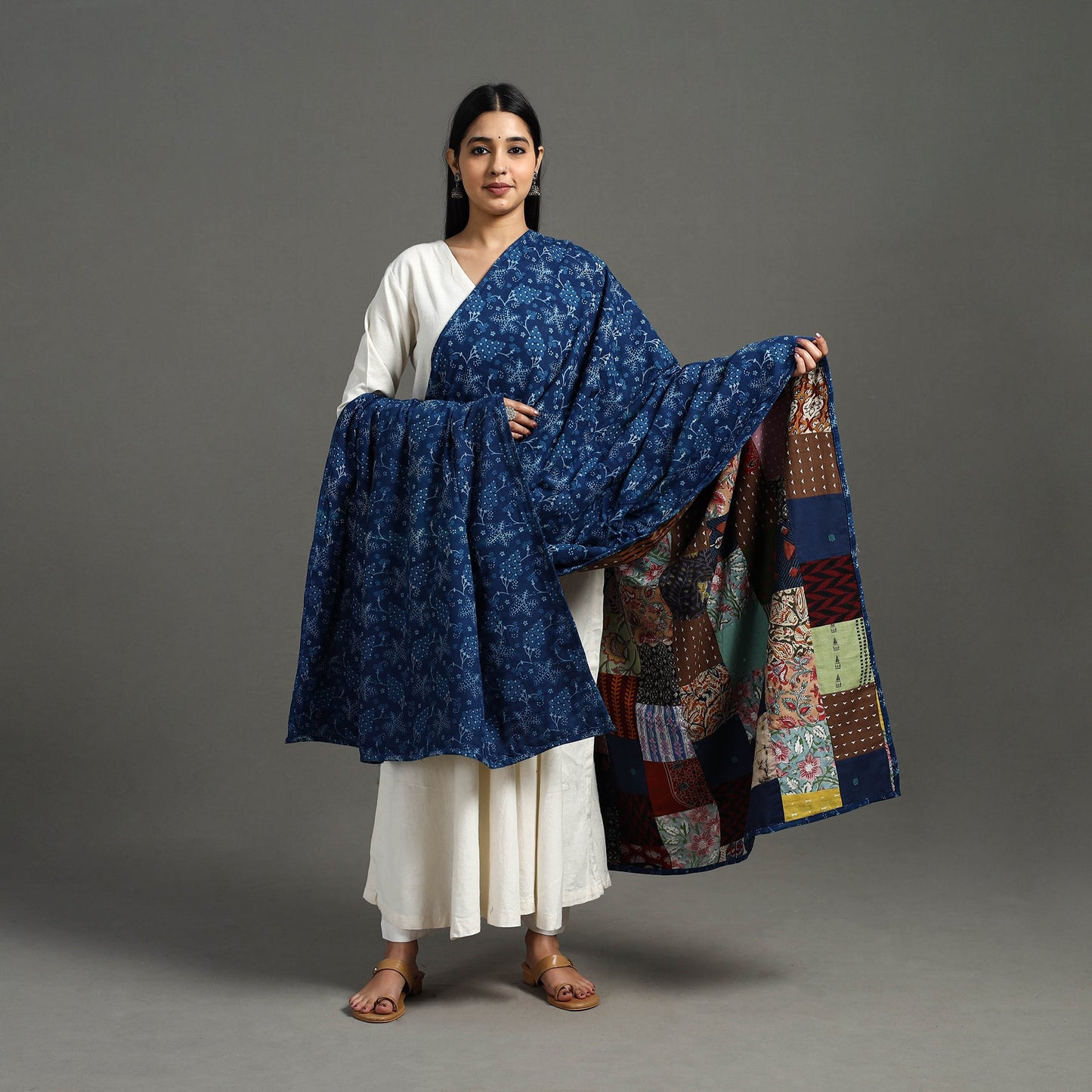 Multicolor Indigo Cotton Reversible Patchwork Dupatta