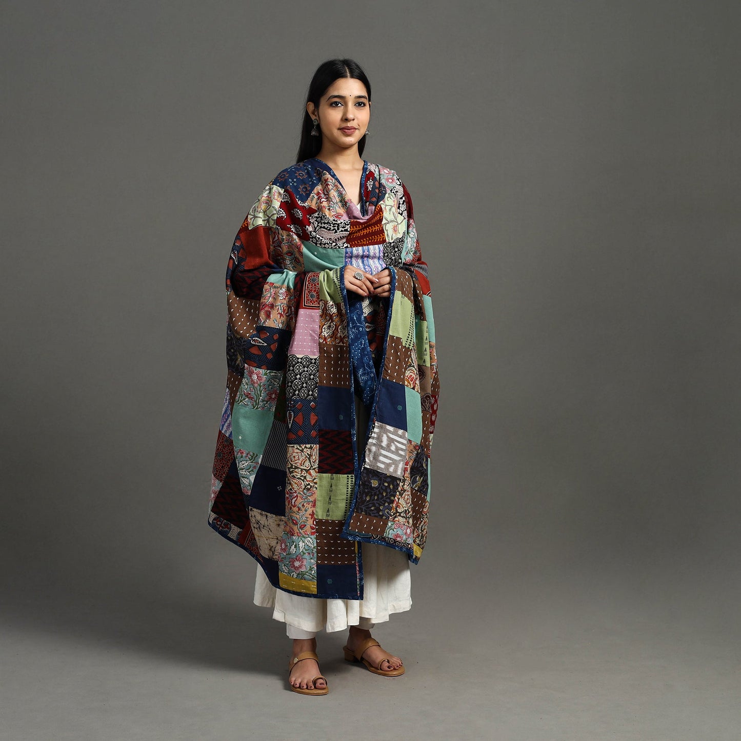 Multicolor Indigo Cotton Reversible Patchwork Dupatta