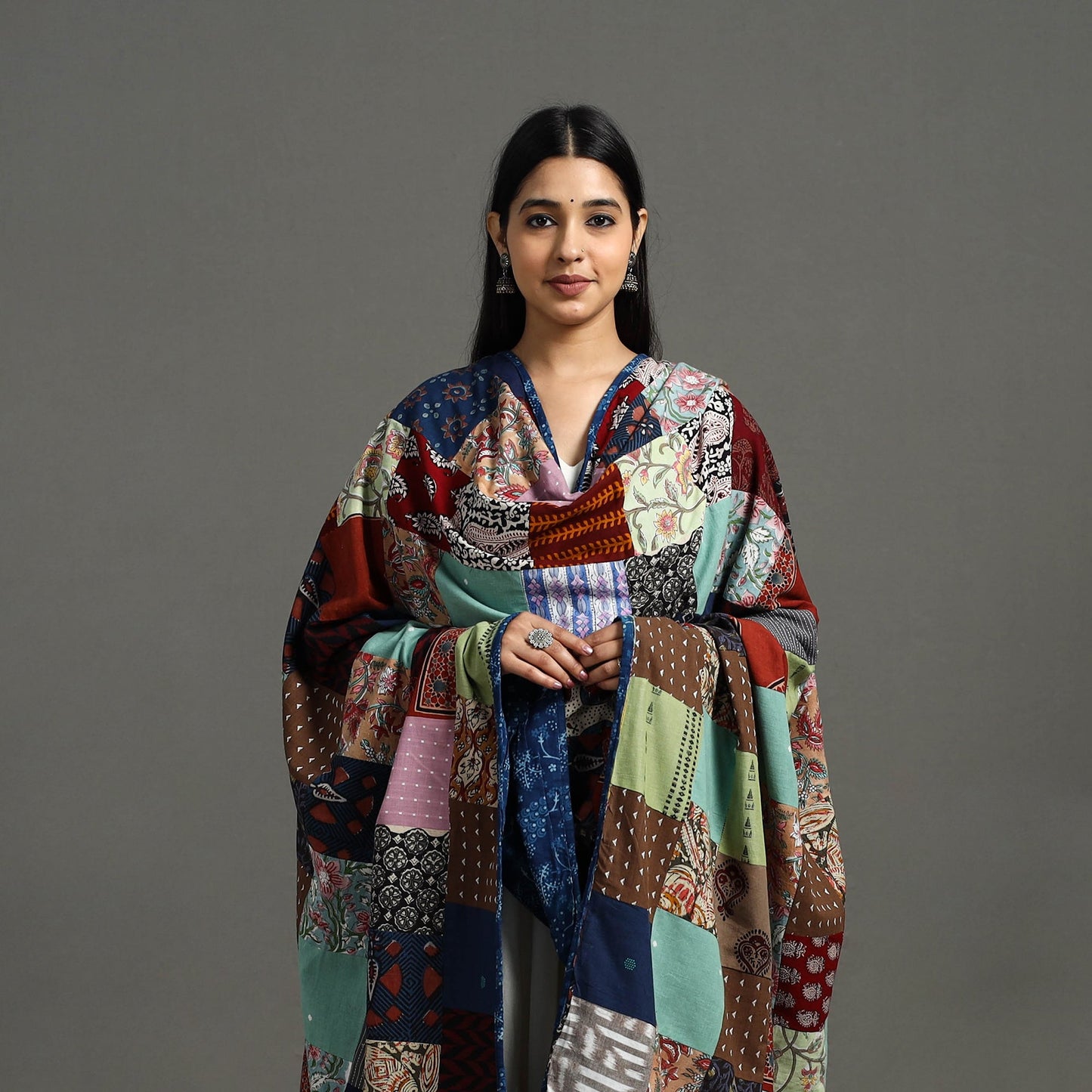 Multicolor Indigo Cotton Reversible Patchwork Dupatta