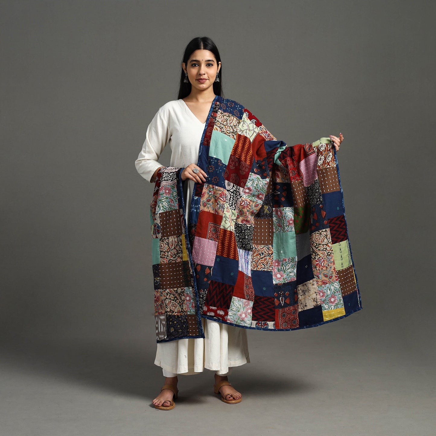 Multicolor Indigo Cotton Reversible Patchwork Dupatta