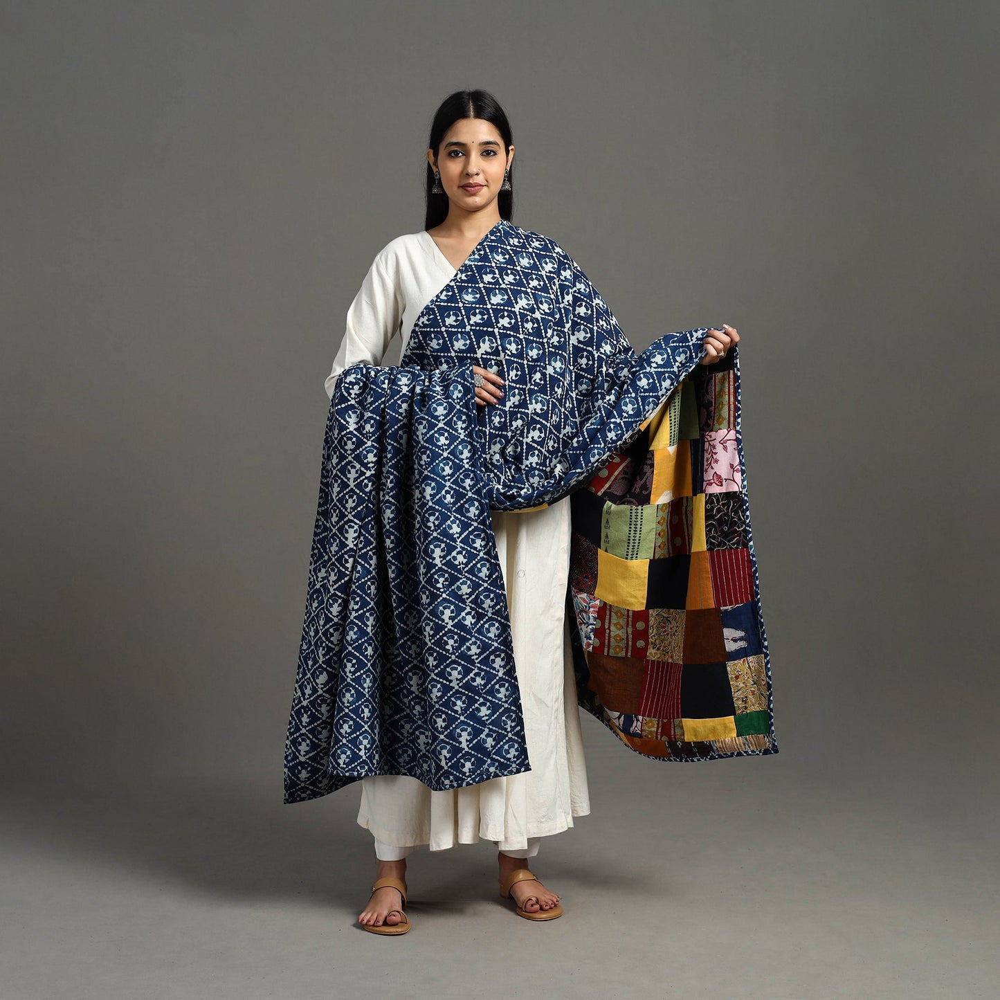 Multicolor - indigo cotton reversible patchwork dupatta 09