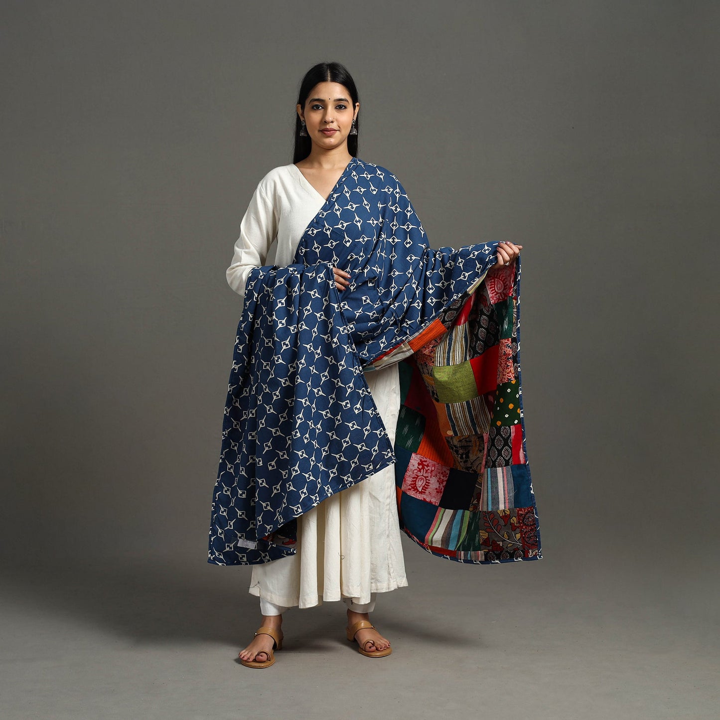 Multicolor - indigo cotton reversible patchwork dupatta 11