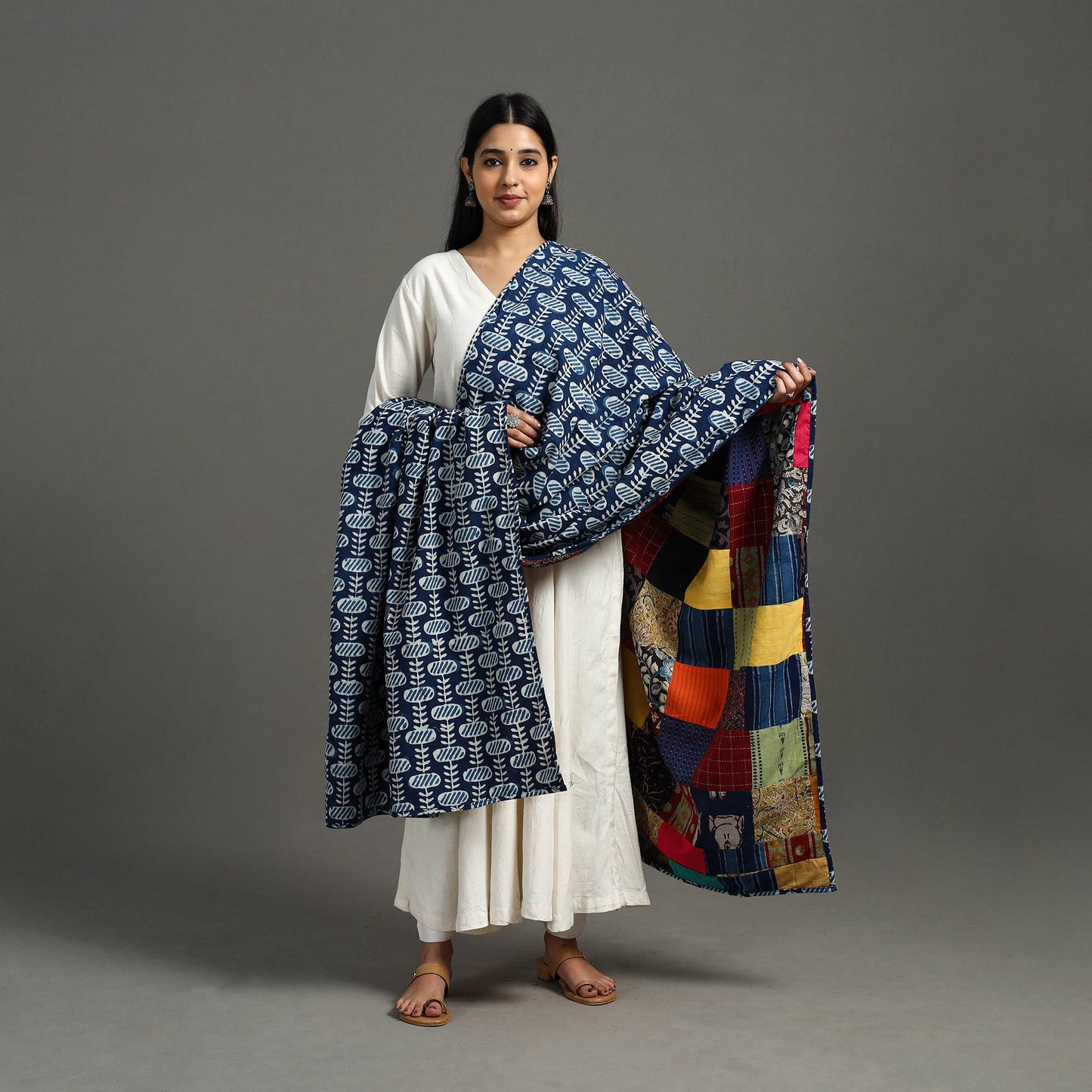 Multicolor - indigo cotton reversible patchwork dupatta 20