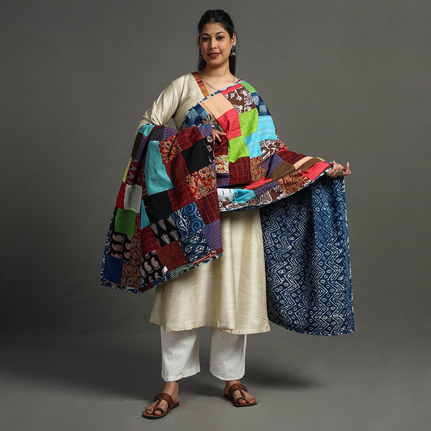 Multicolor - indigo reversible patchwork cotton dupatta 05