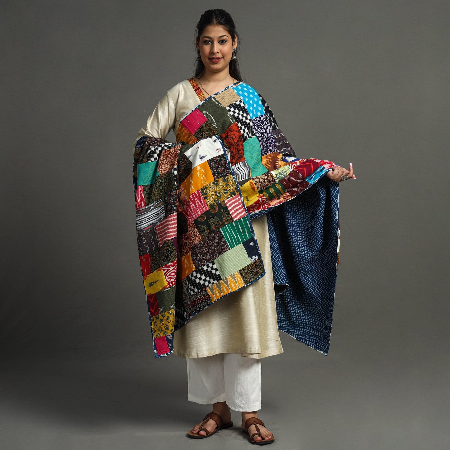 Indigo Reversible Patchwork Cotton Dupatta 11 Online at iTokri.com