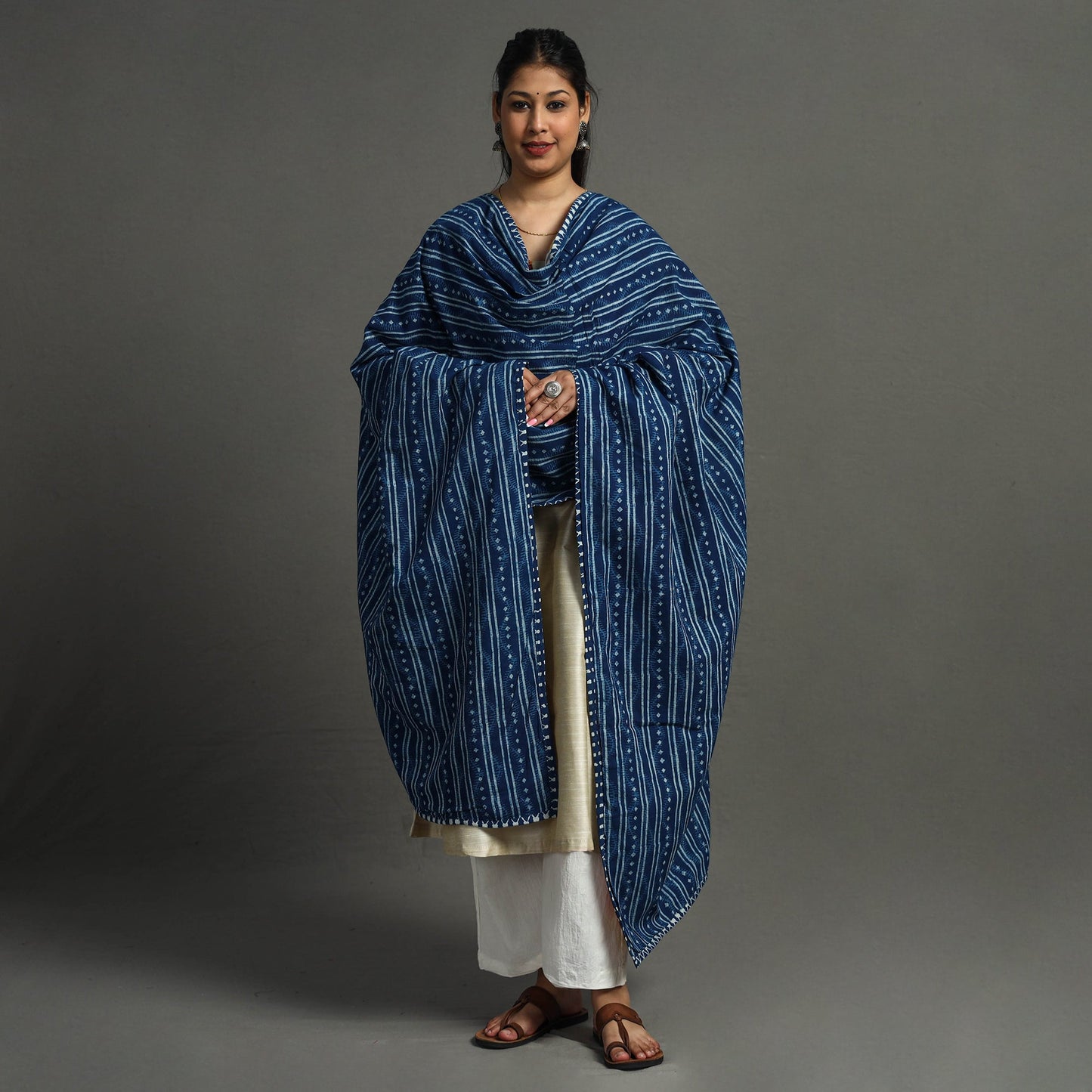Multicolor - indigo reversible patchwork cotton dupatta 15