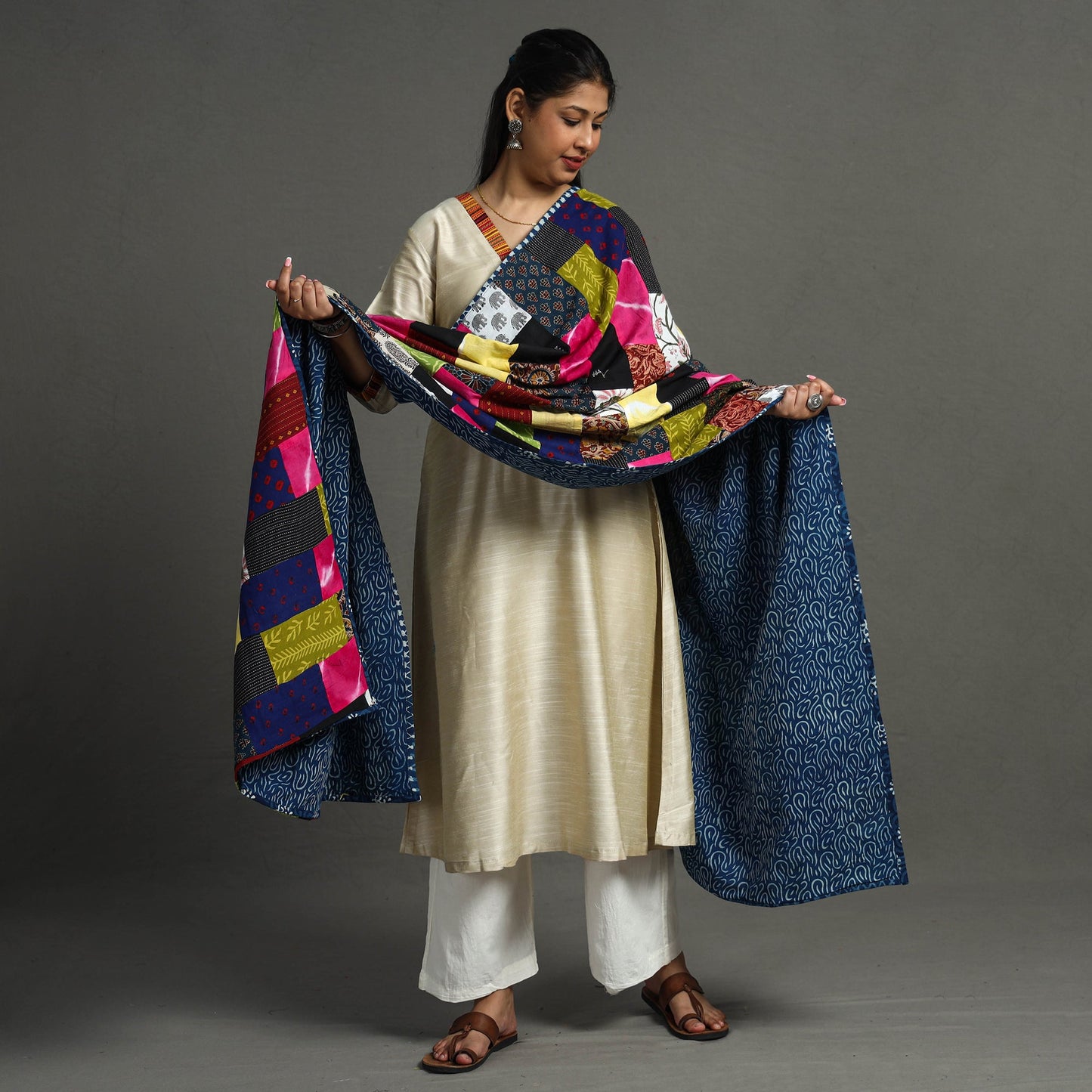 Multicolor - indigo reversible patchwork cotton dupatta 21