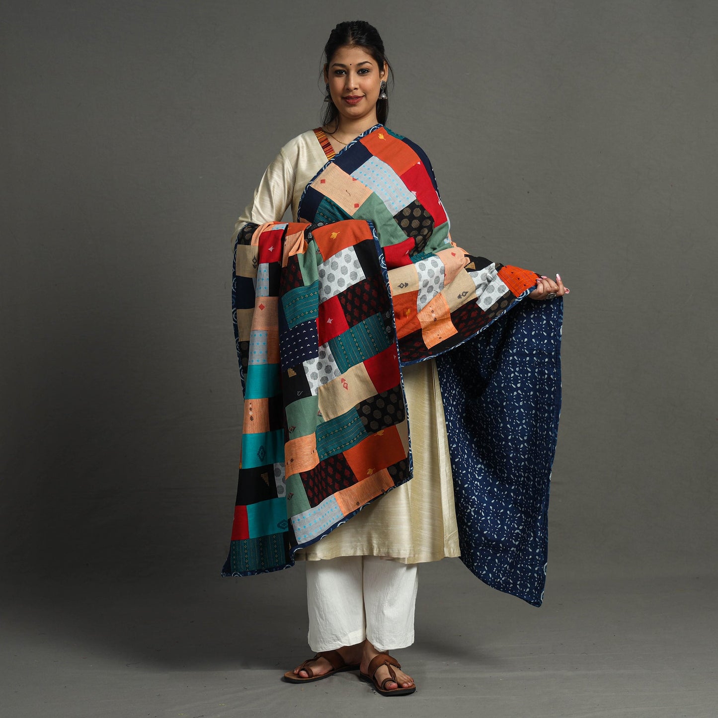 Multicolor - indigo reversible patchwork cotton dupatta 26