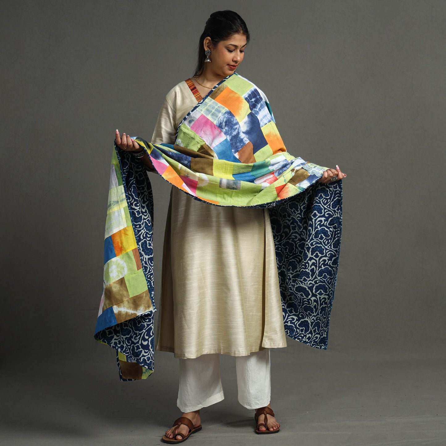 Multicolor - indigo reversible patchwork cotton dupatta 27