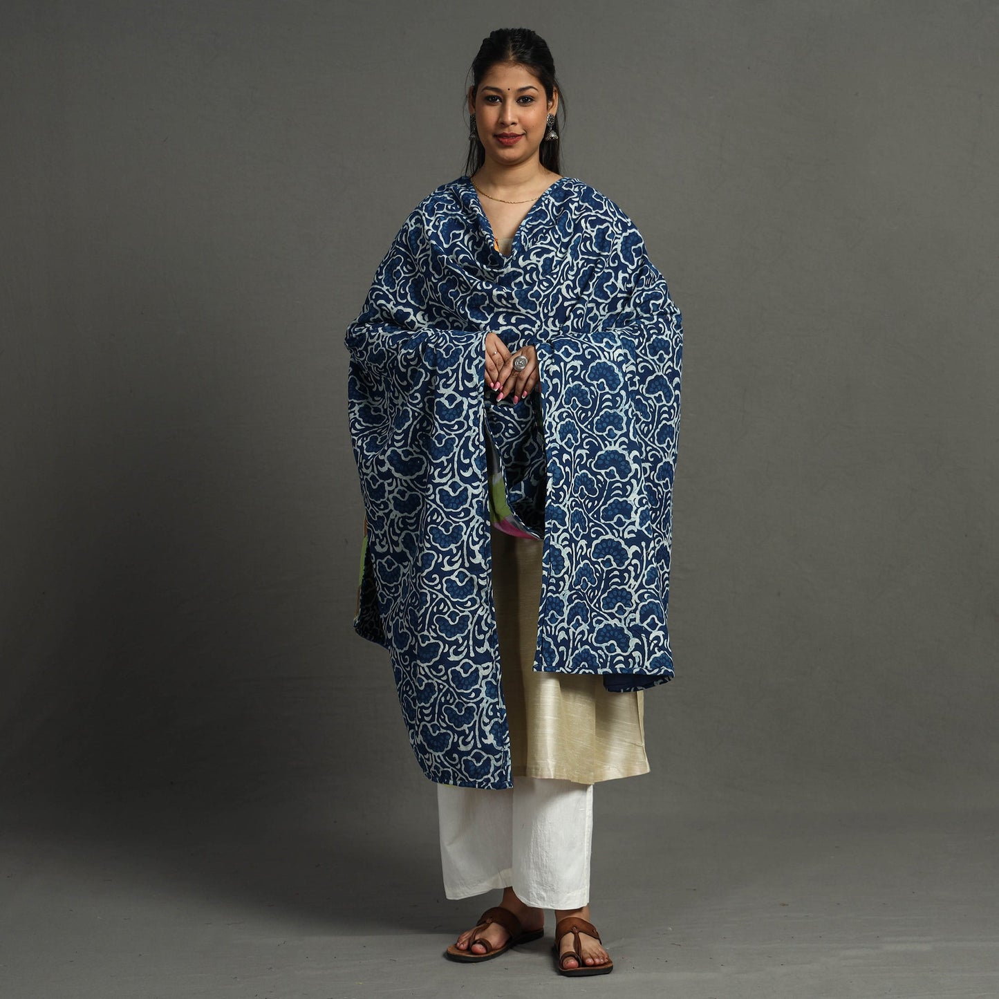 Multicolor - indigo reversible patchwork cotton dupatta 27