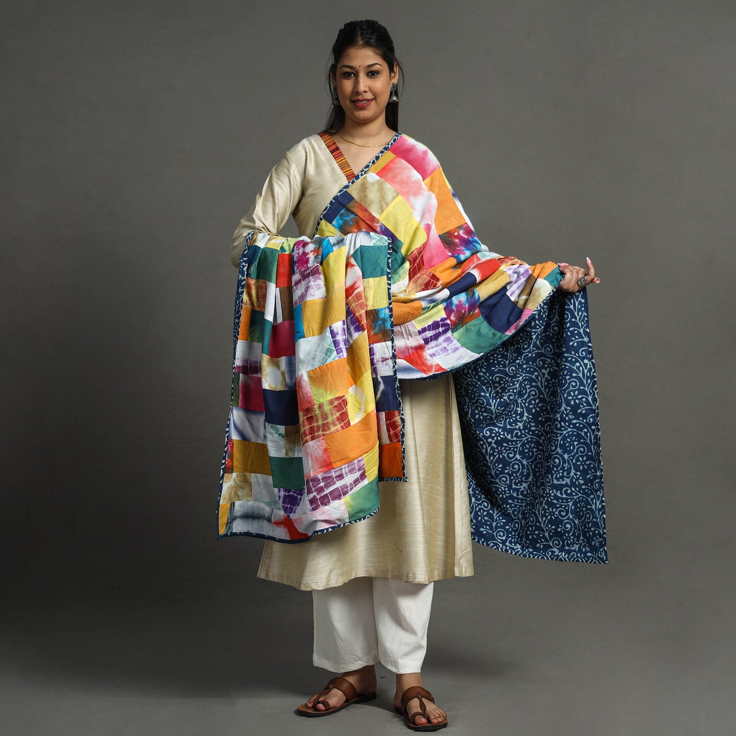 Multicolor - indigo reversible patchwork cotton dupatta 30