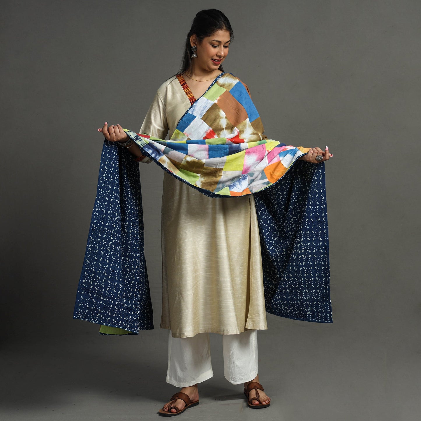 Multicolor - indigo reversible patchwork cotton dupatta 31