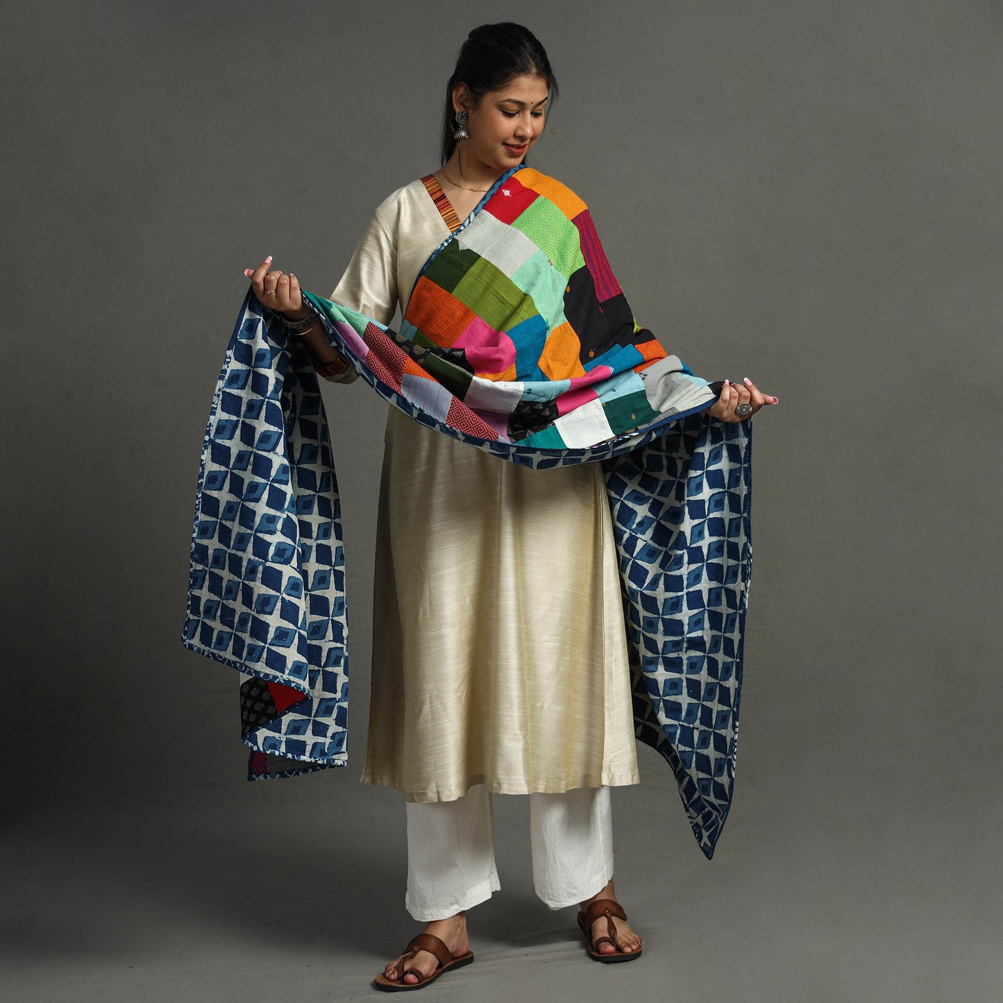 Multicolor - indigo reversible patchwork cotton dupatta 32