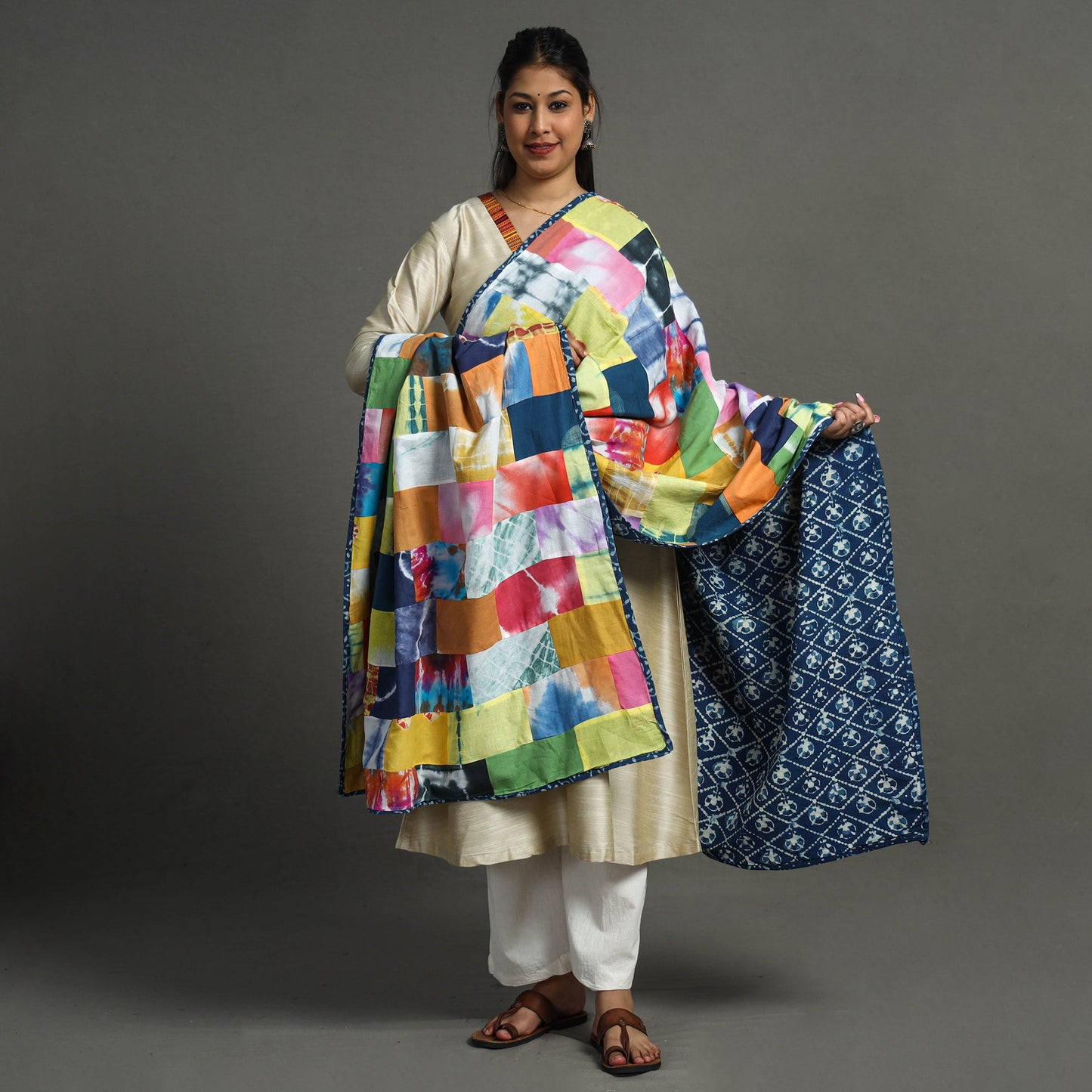 Multicolor - indigo reversible patchwork cotton dupatta 35