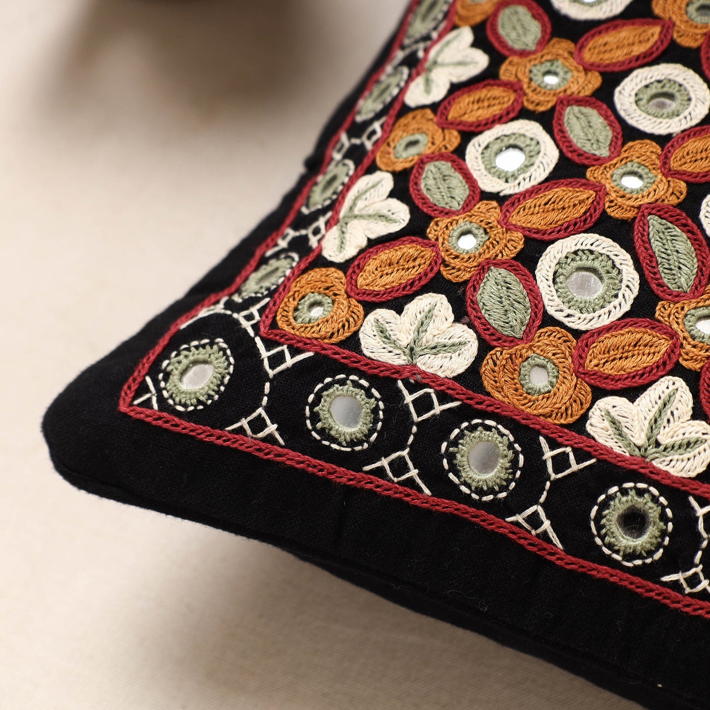 Multicolor Kala Raksha Pakko Hand Embroidery Cotton Cushion Cover