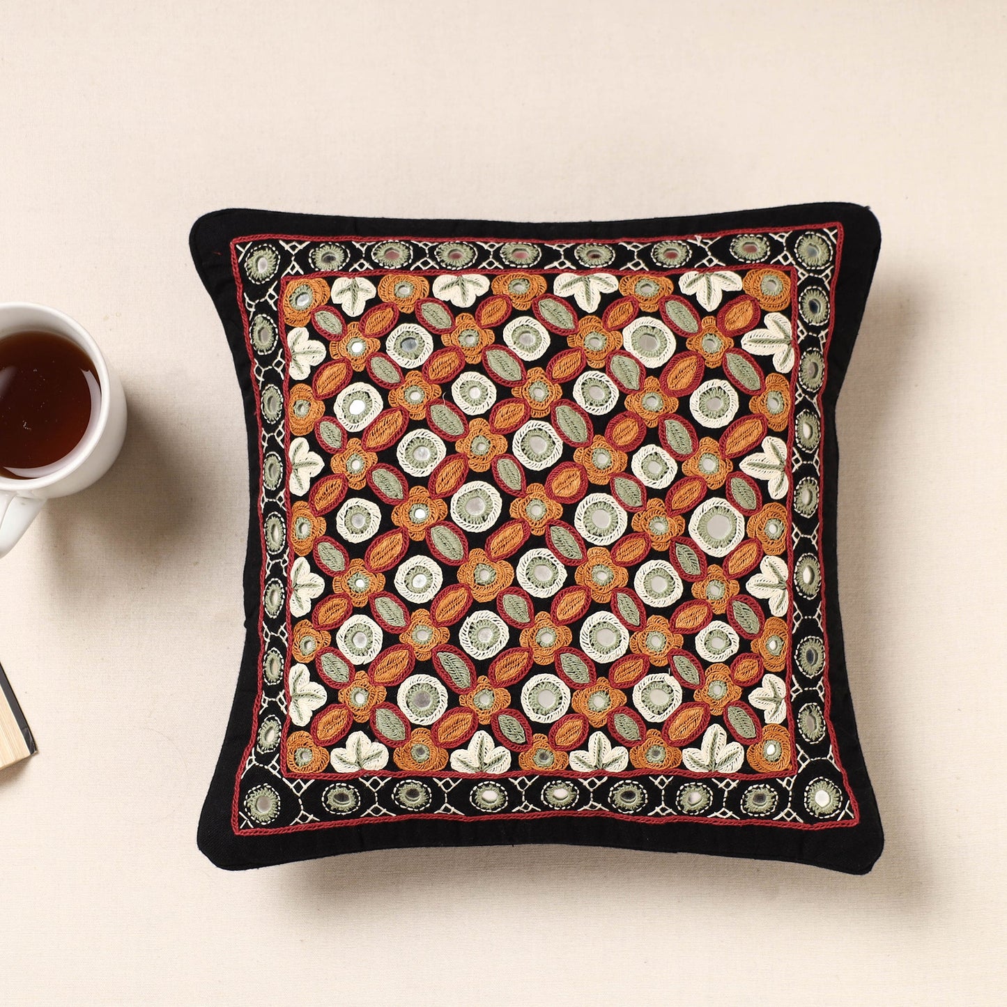 Multicolor Kala Raksha Pakko Hand Embroidery Cotton Cushion Cover