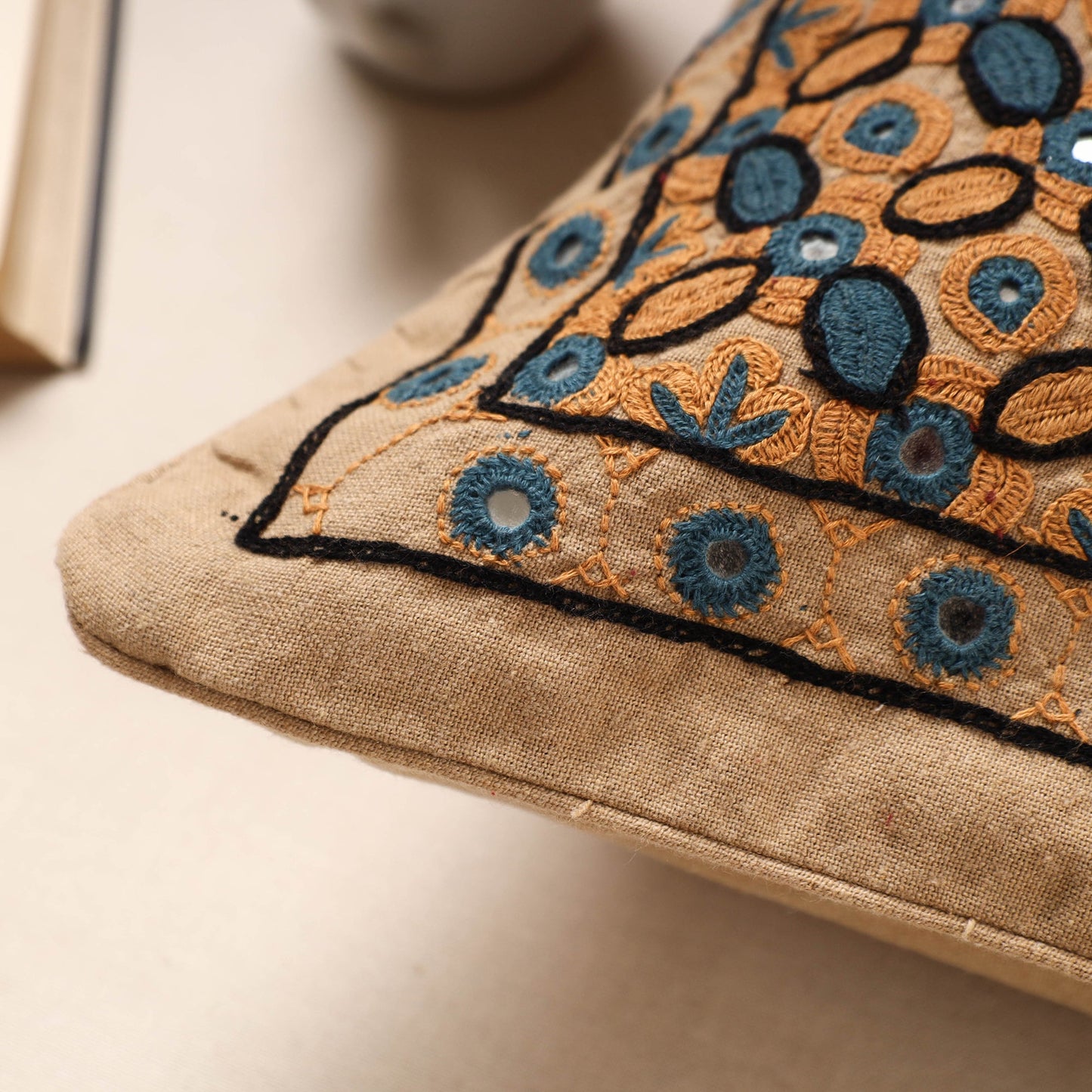 Multicolor Kala Raksha Pakko Hand Embroidery Cotton Cushion Cover