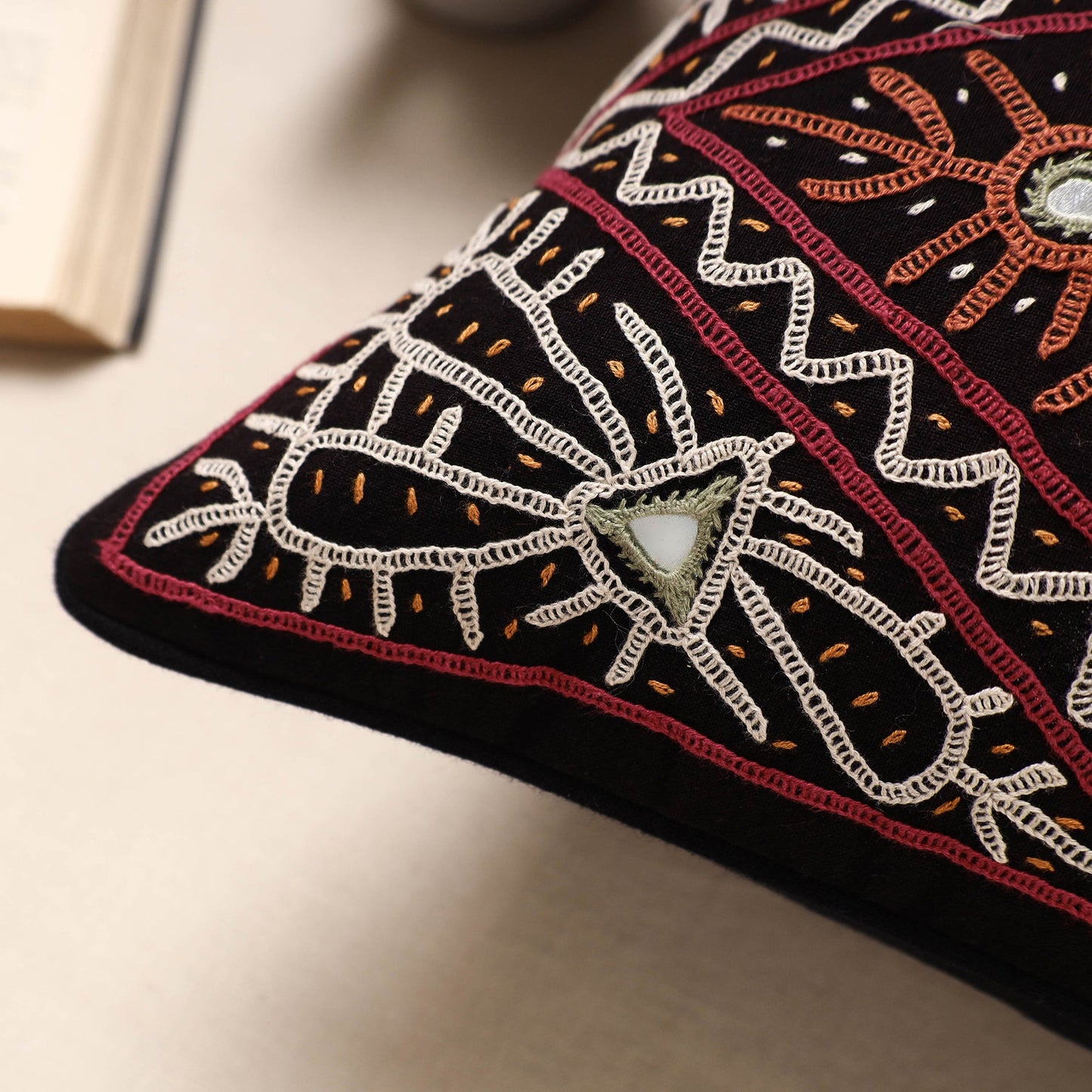 Multicolor Kala Raksha Pakko Hand Embroidery Cotton Cushion Cover