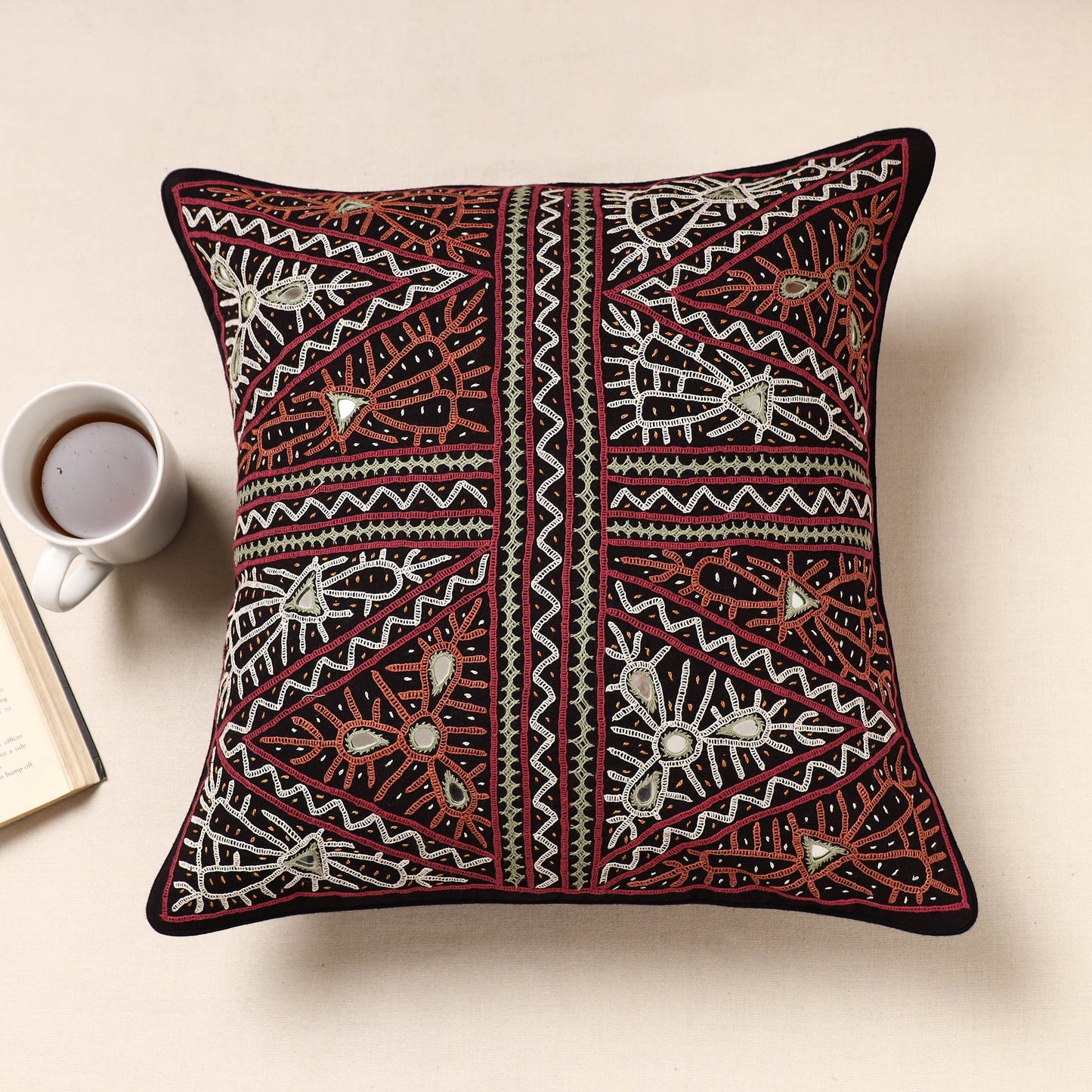 Multicolor Kala Raksha Pakko Hand Embroidery Cotton Cushion Cover