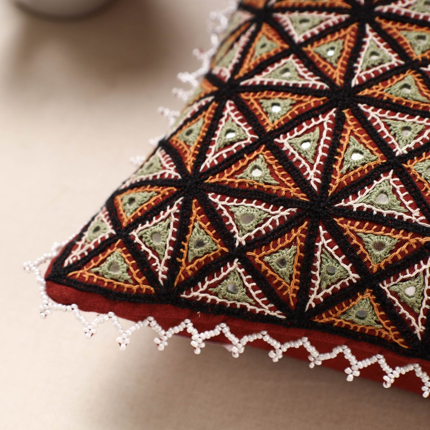 Multicolor Kala Raksha Rabari Hand Embroidered Pure Cotton Cushion Cover