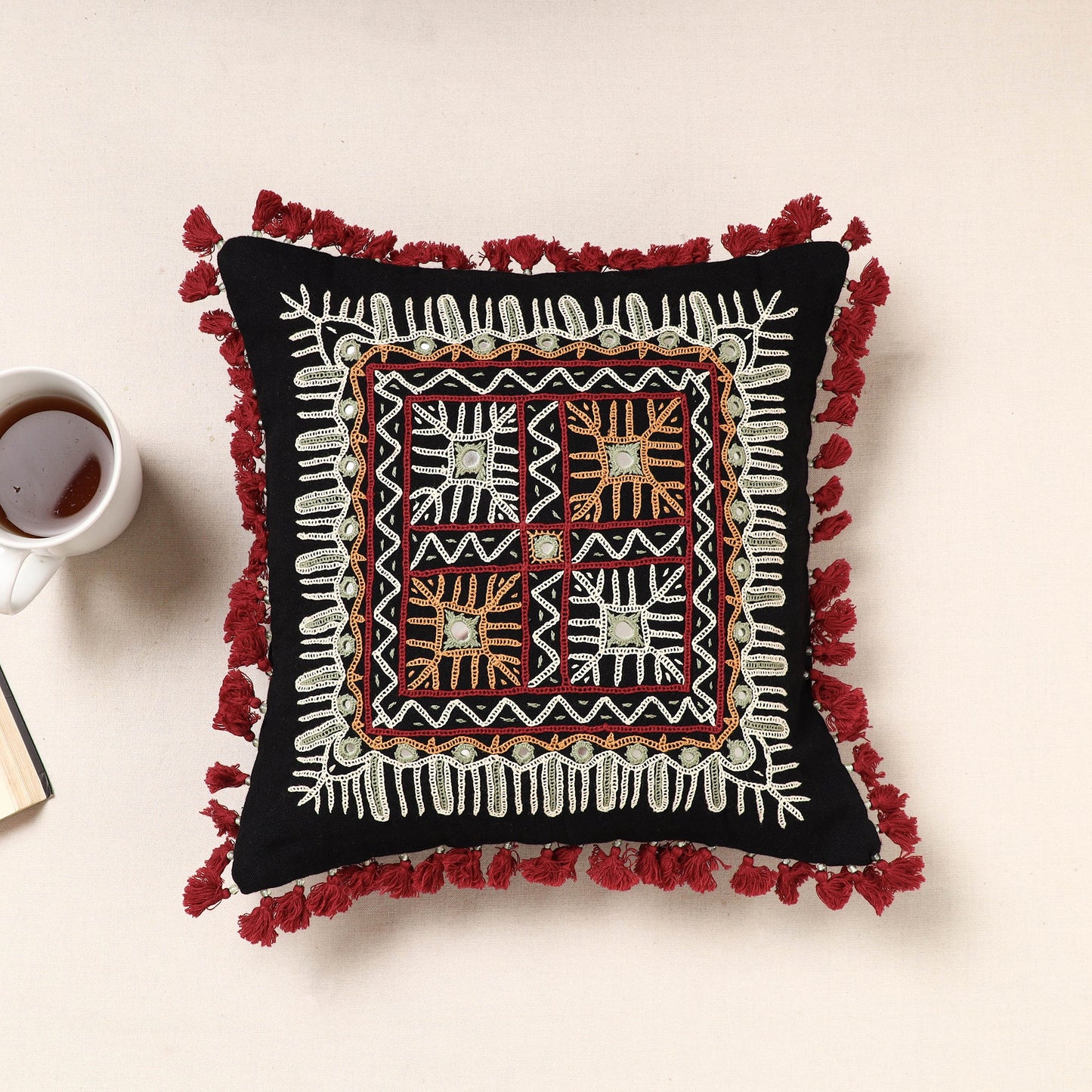 Multicolor - Kala Raksha Rabari Hand Embroidery Cotton Cushion Cover (12 x 12 in)