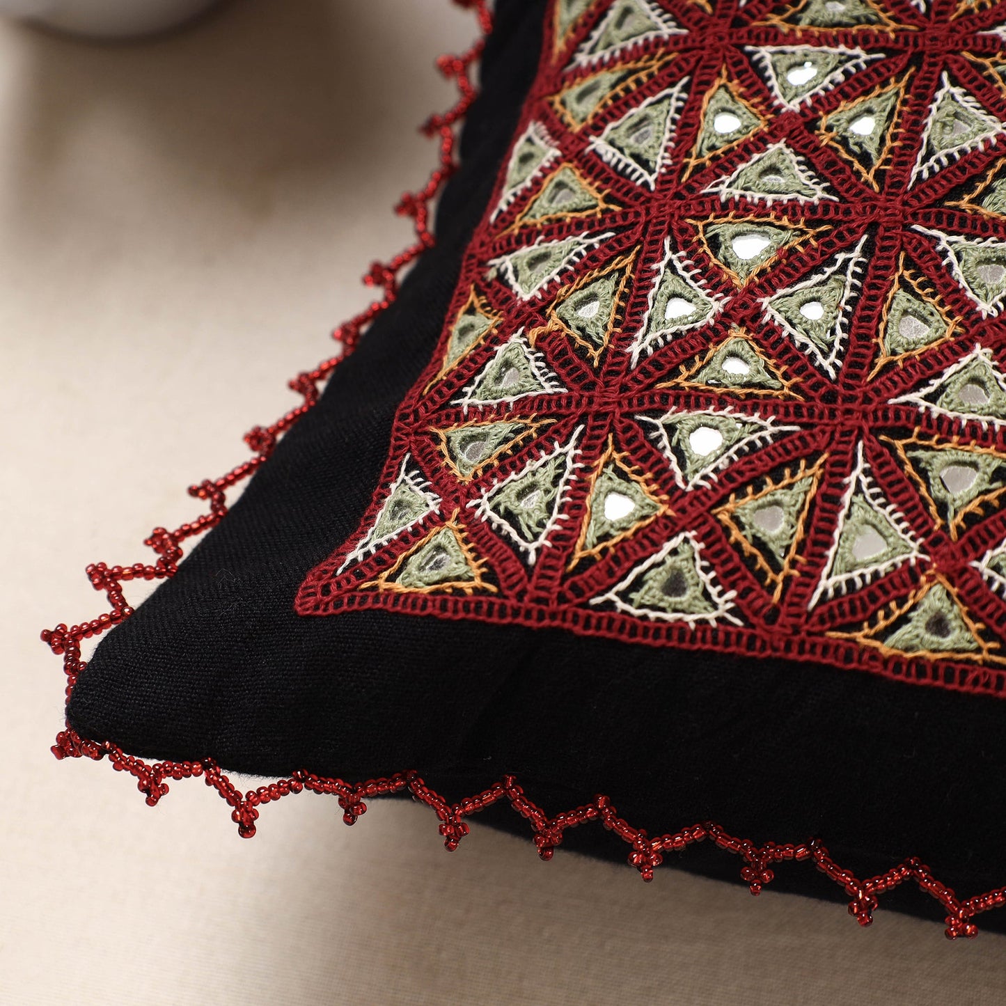 Multicolor Kala Raksha Rabari Hand Embroidered Pure Cotton Cushion Cover
