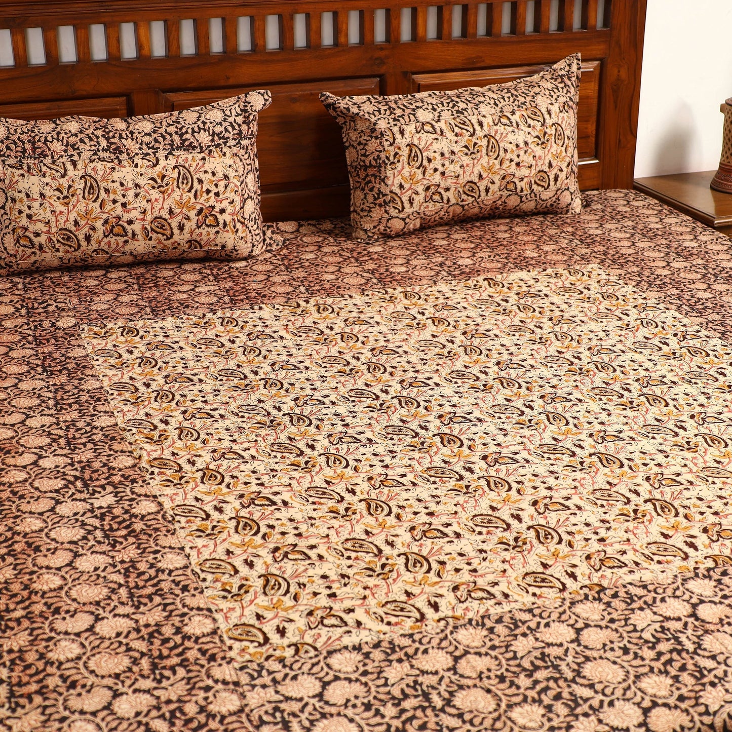 Multicolor - Kalamkari Block Printed Patchwork Cotton Double Bed Cover With Pillow Covers (108 x 90 in)