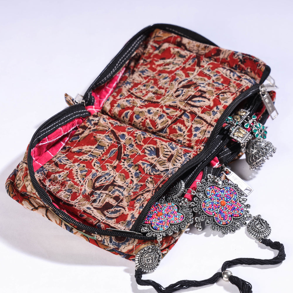 Multicolor Kalamkari Cotton Fabric 4 Pockets Jewelry Bag