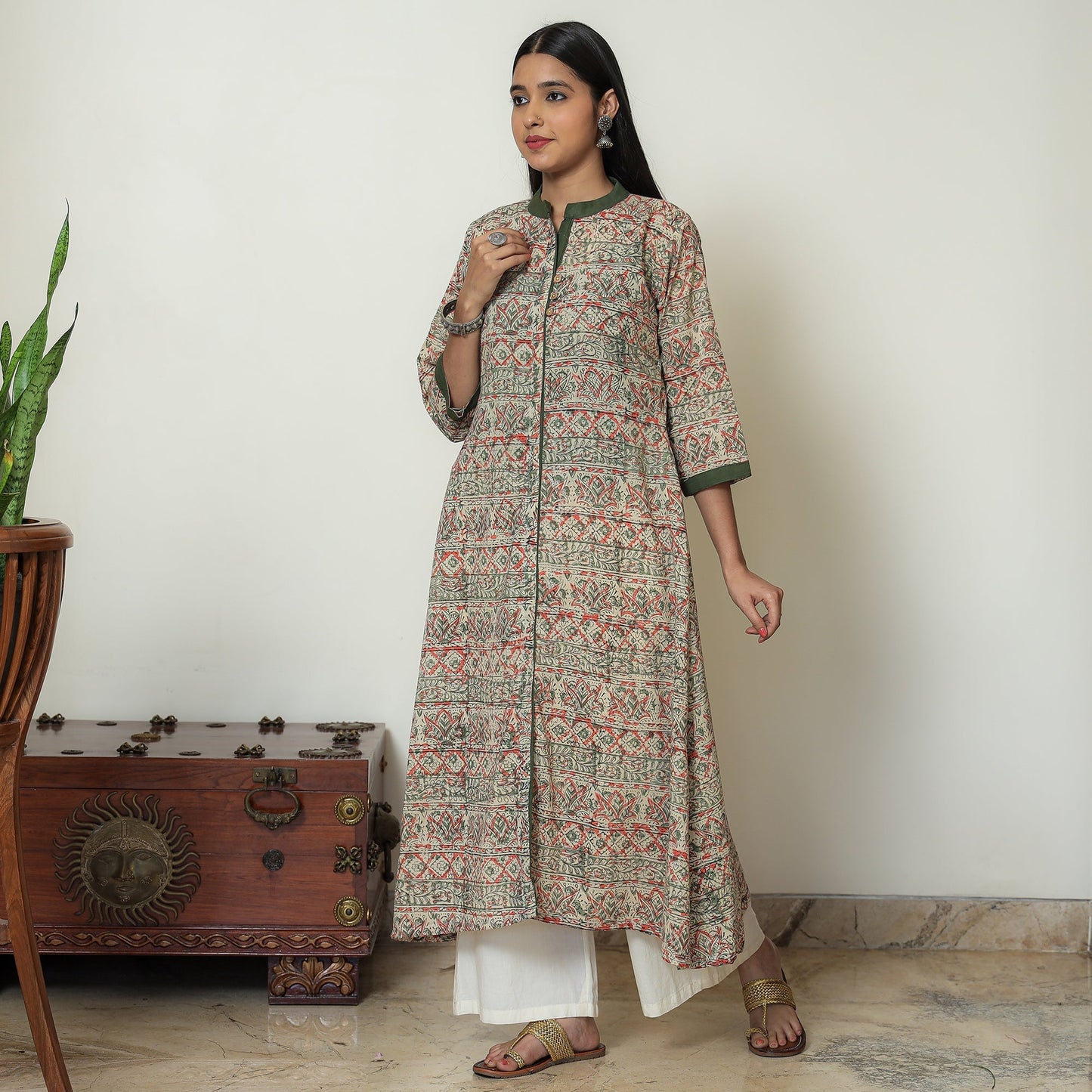 Kalamkari Hand Block Print Cotton A-Line Kurta For Women