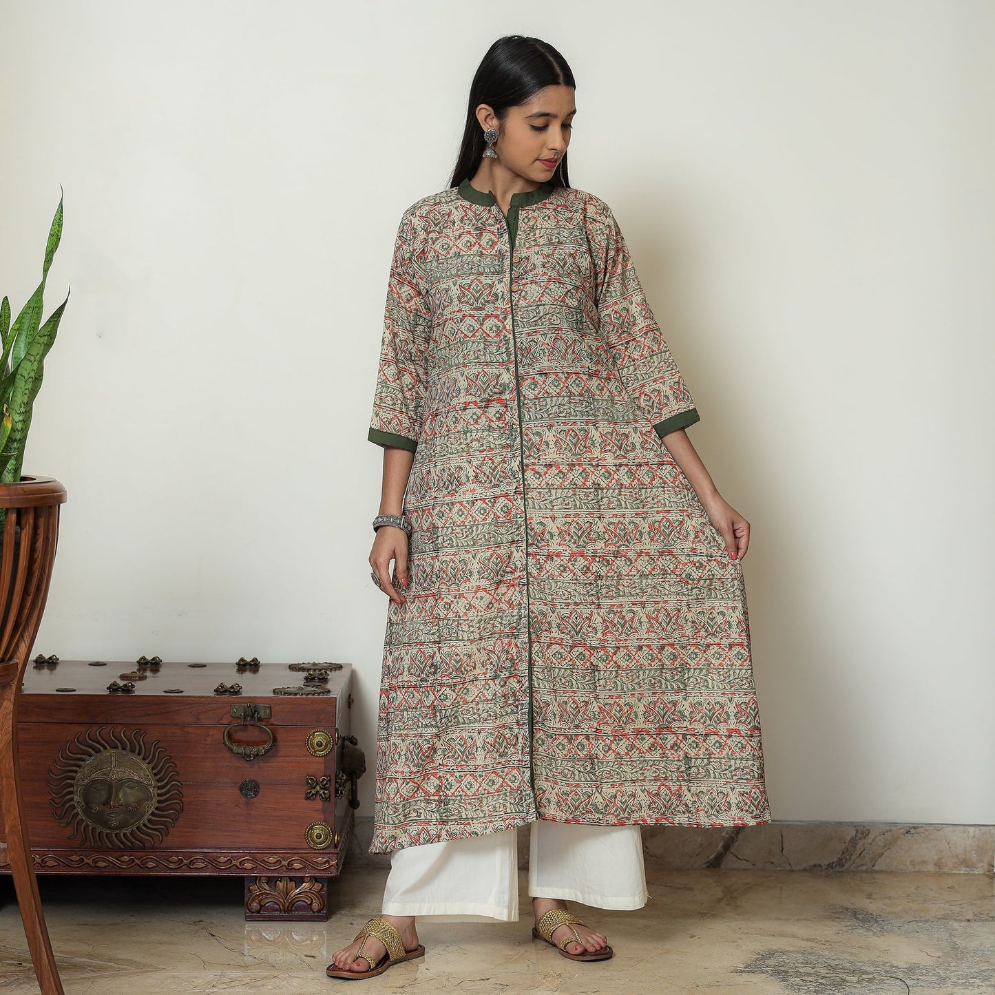 Kalamkari Hand Block Print Cotton A-Line Kurta For Women