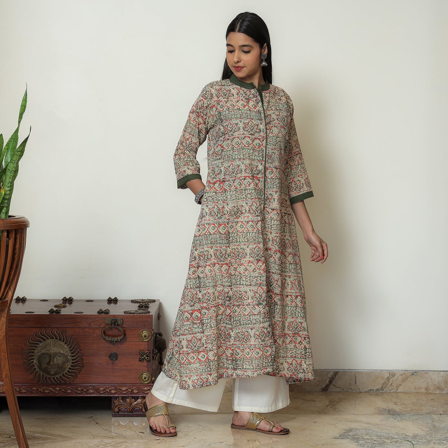 Kalamkari Hand Block Print Cotton A-Line Kurta For Women