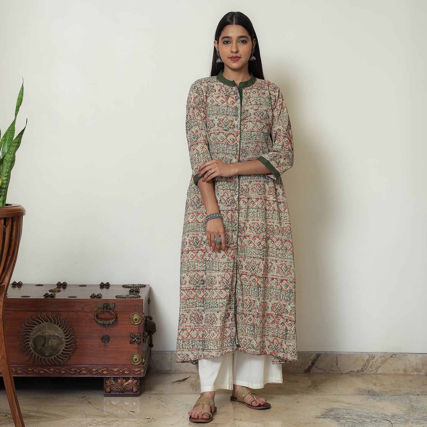 Kalamkari Hand Block Print Cotton A-Line Kurta For Women