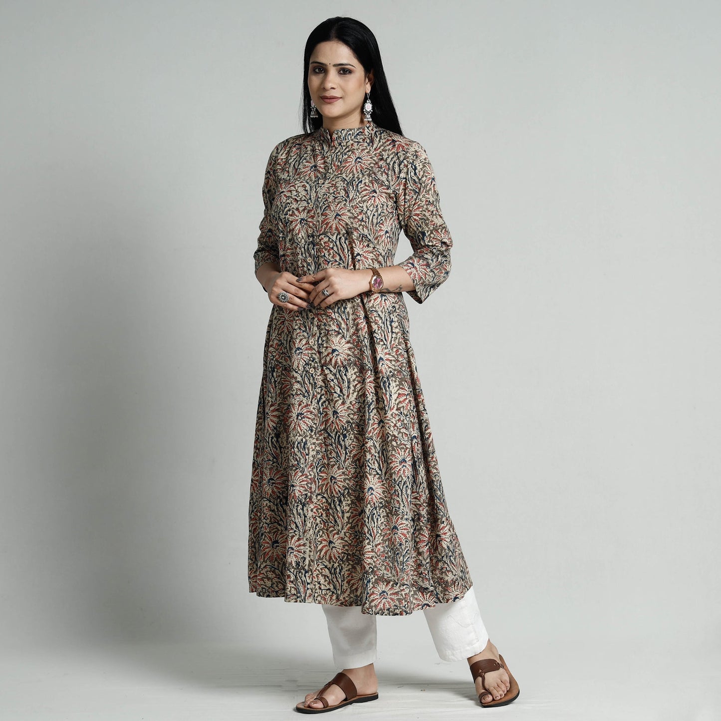 Kalamkari Hand Block Printed Cotton Long Kurta For Women