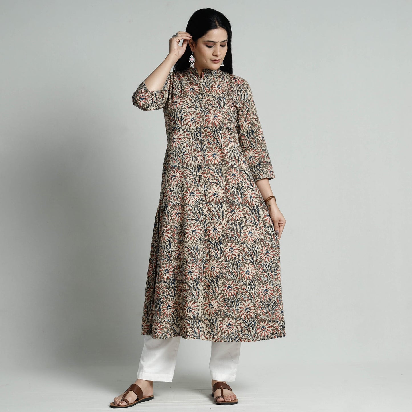 Kalamkari Hand Block Printed Cotton Long Kurta For Women