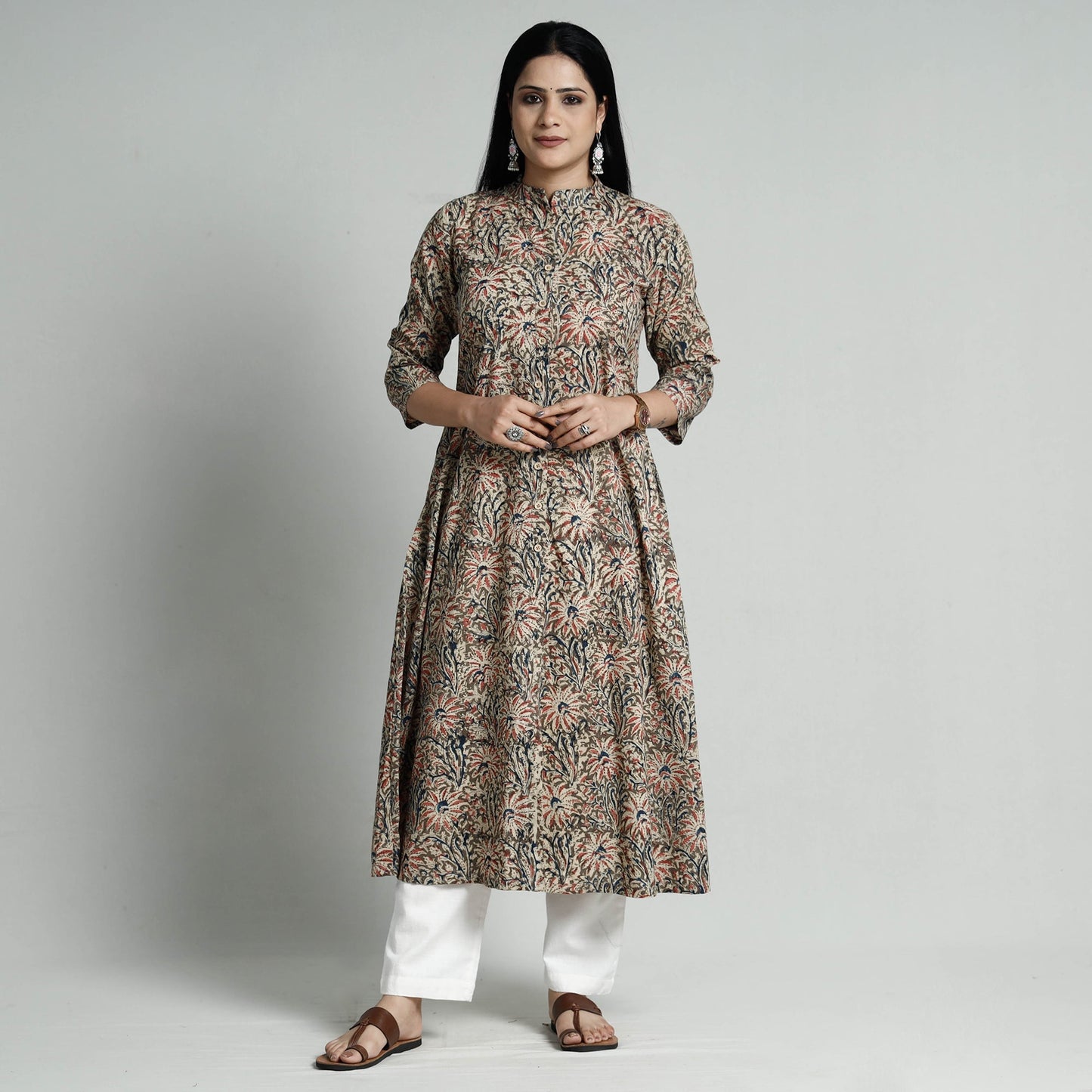 Kalamkari Hand Block Printed Cotton Long Kurta For Women