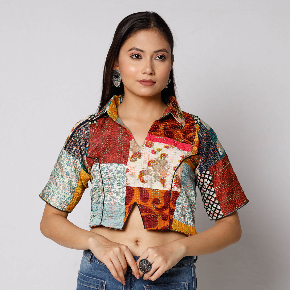 Buy Kantha Embroidery Patchwork Silk Cotton Stitched Blouse
