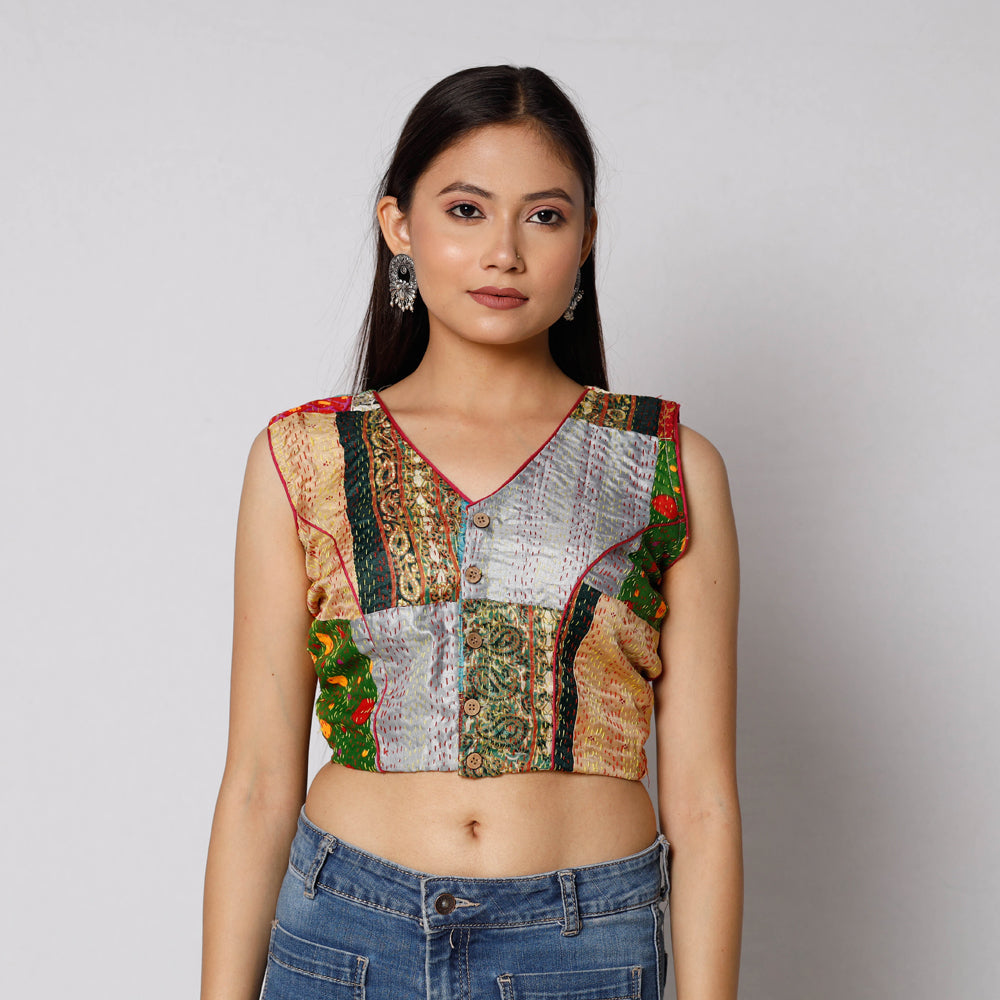 Buy Kantha Embroidery Patchwork Silk Cotton Stitched Blouse