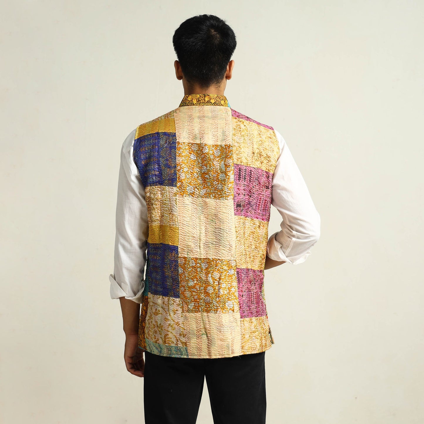 Multicolor Kantha Embroidery Silk Patchwork Nehru Jacket