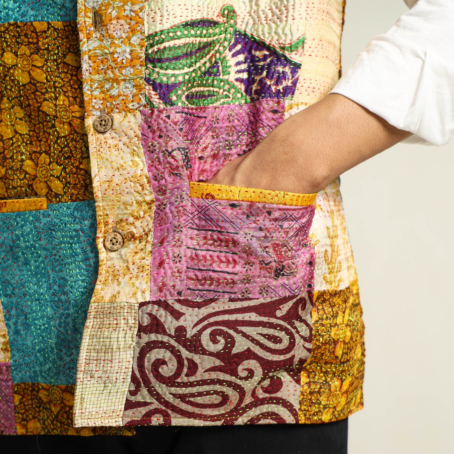 Multicolor Kantha Embroidery Silk Patchwork Nehru Jacket