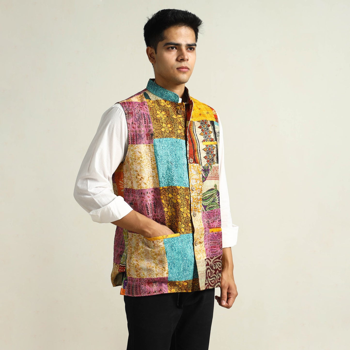 Multicolor Kantha Embroidery Silk Patchwork Nehru Jacket