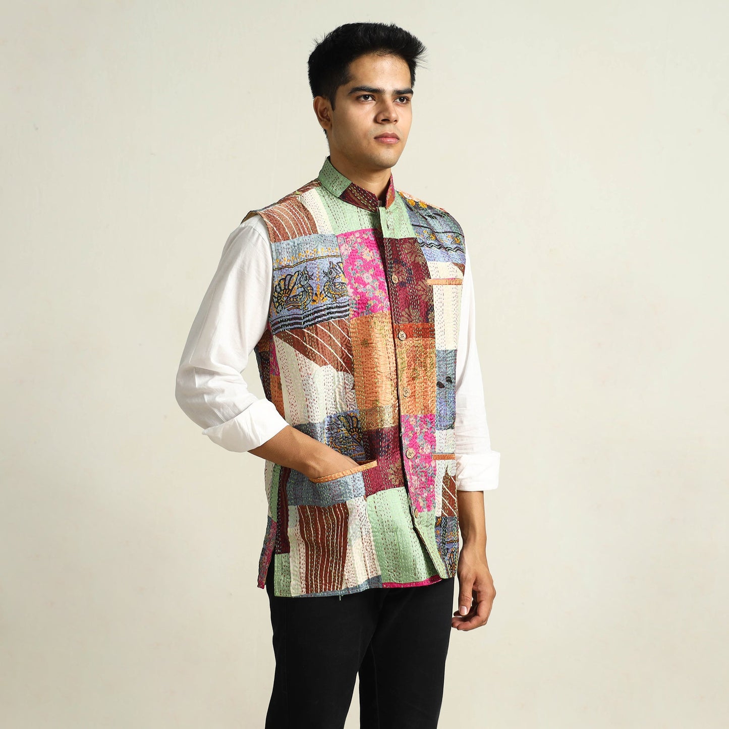 Multicolor Kantha Embroidery Silk Patchwork Nehru Jacket
